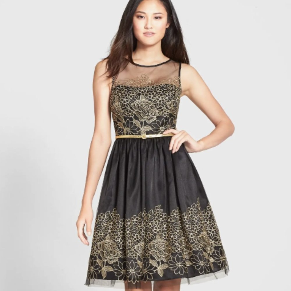Eliza J Black & Gold Floral Mesh Fit & Flare Dress 12